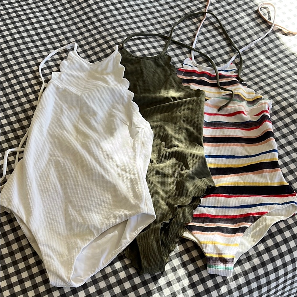 Marysia Three Swimsuits in White, Olive, and Striped